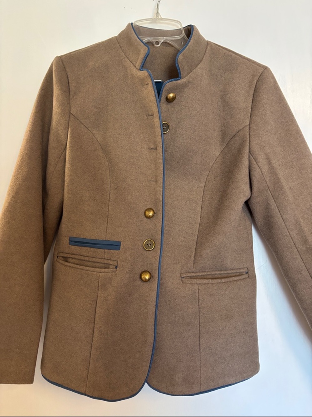 Classic van Trapp family style Tan Tailored Blazer with Navy Trim